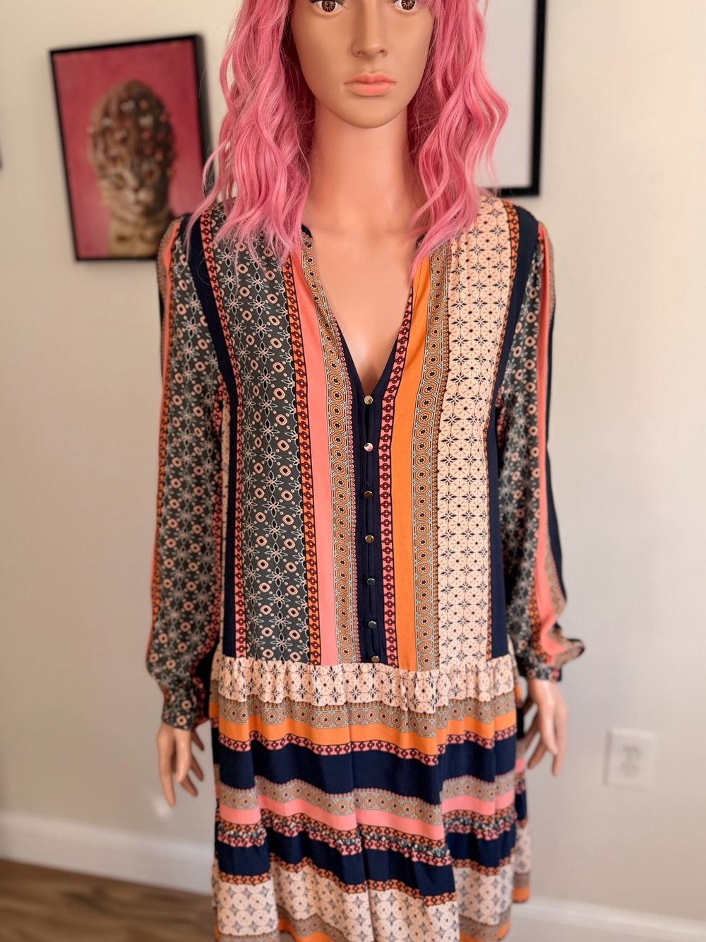 NWT LOFT Foulard Button Tiered Swing Dress Medium Boho Fall Long Sleeve